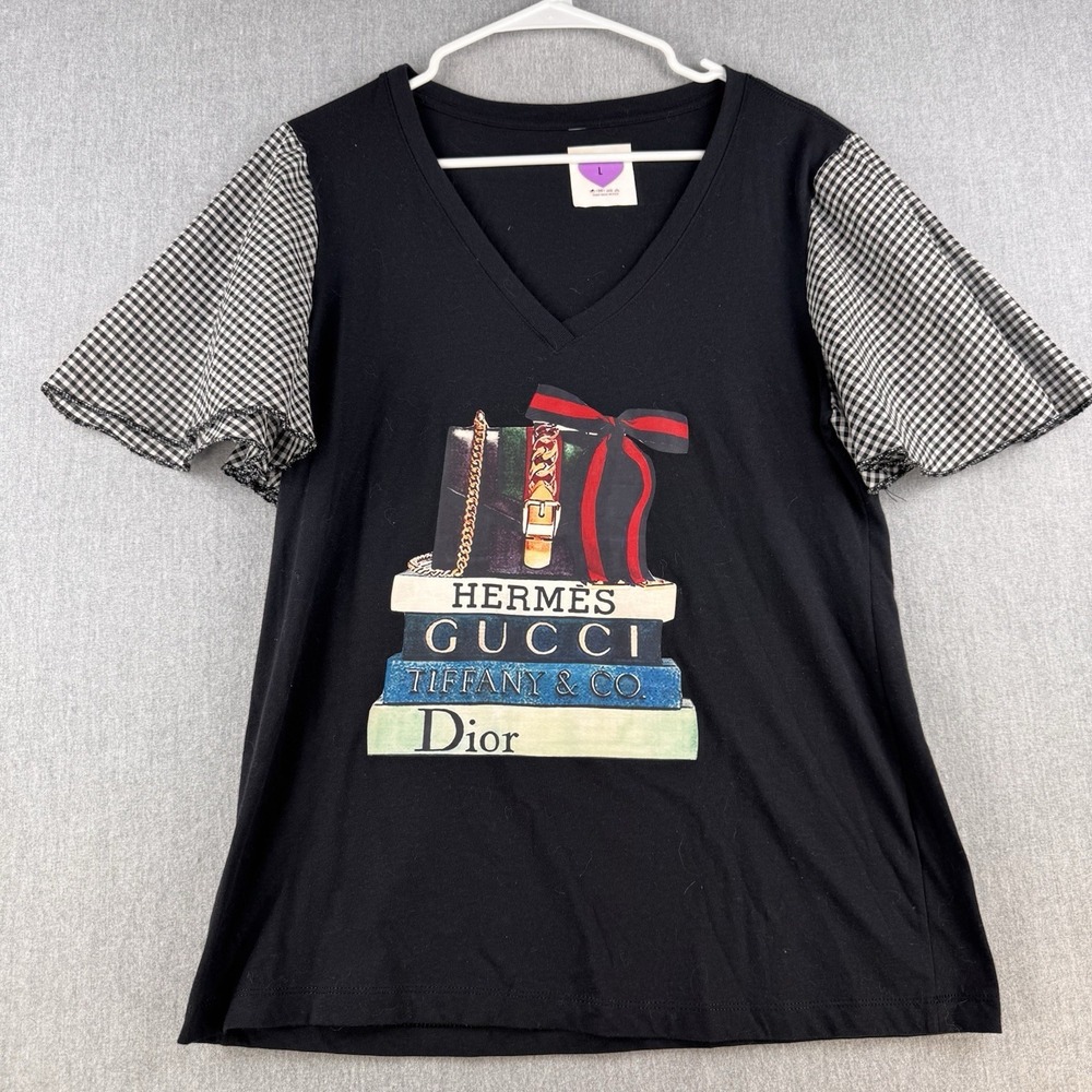 Boutique Graphic T Shirt Womens Large Black V Neck Gingham Sleeve Designer Tee